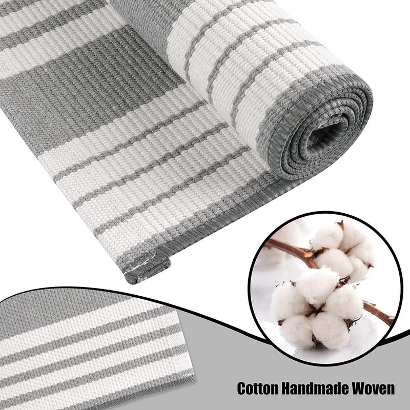 OJIA Entryway Rug 3'x5' Cotton Hand Woven Front Door Mat Outdoor Doormat Machine Washable Outdoor Rugs Grey and White Striped Entry Rug Porch Rugs for Farmhouse/Bedroom/Home Entrance Decor - Image 2