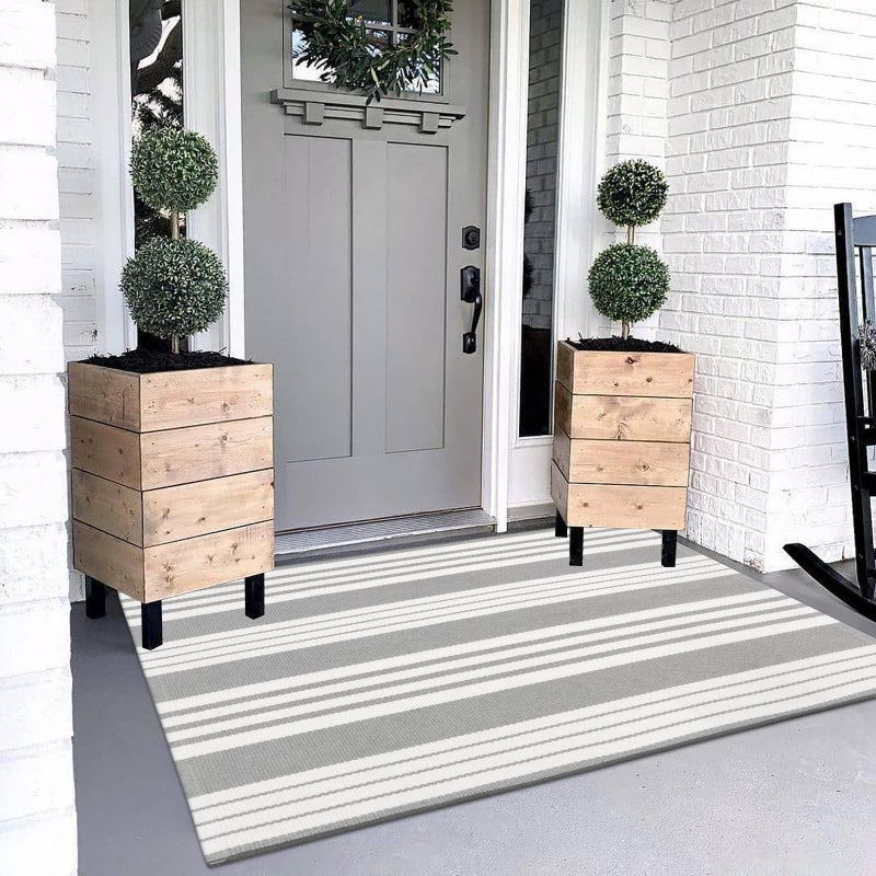 OJIA Entryway Rug 3'x5' Cotton Hand Woven Front Door Mat Outdoor Doormat Machine Washable Outdoor Rugs Grey and White Striped Entry Rug Porch Rugs for Farmhouse/Bedroom/Home Entrance Decor - Image 1