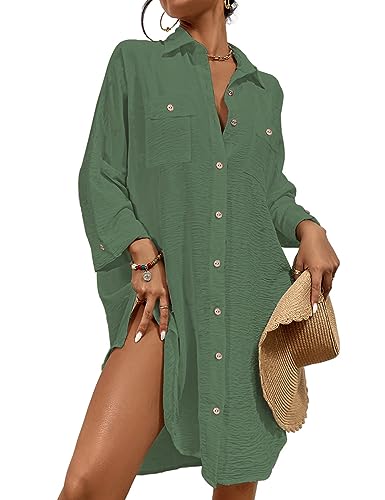 Bsubseach Womens Modern Swimsuit Cover Up Blouse Button Down Shirt Dresses Tops Grass Green M - Image 1