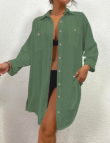 Bsubseach Womens Modern Swimsuit Cover Up Blouse Button Down Shirt Dresses Tops Grass Green M - Image 4