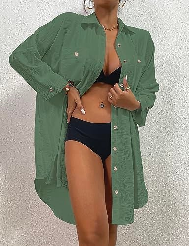 Bsubseach Womens Modern Swimsuit Cover Up Blouse Button Down Shirt Dresses Tops Grass Green M - Image 3