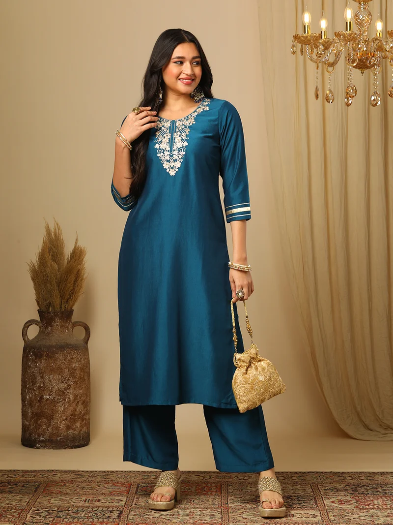 globus Women Floral Embroidered Regular Gotta Patti Kurta With Trousers