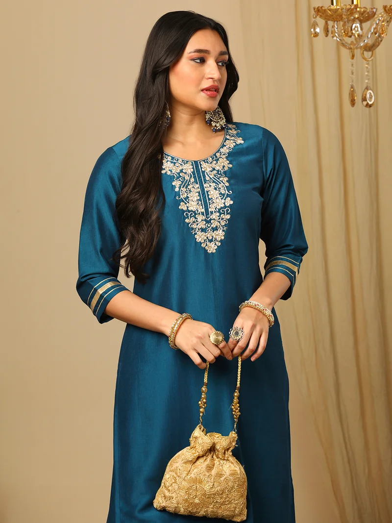 globus Women Floral Embroidered Regular Gotta Patti Kurta With Trousers