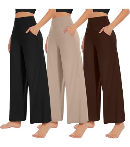 NEW YOUNG 3 Pack Women's Wide Leg Pants with Pockets High Waist Loose Sweatpants Casual Lounge Yoga Workout Palazzo - Image 1