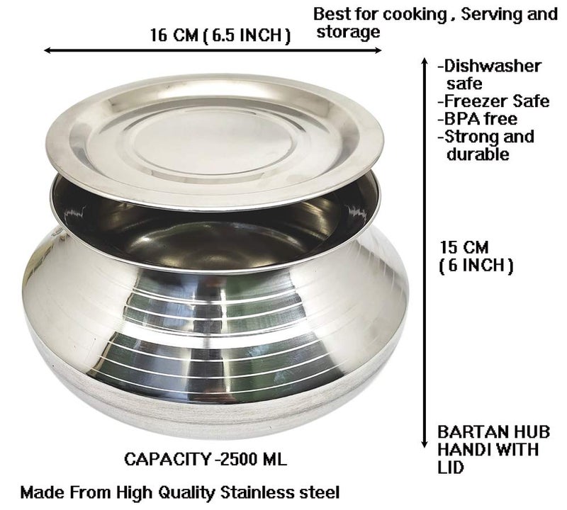 Bartan Hub Stainless Steel Handi with Lid (Pongal Handi, 2500 ML, Dishwasher Safe) Handi 2.5 L with Lid (Stainless Steel) - Image 2