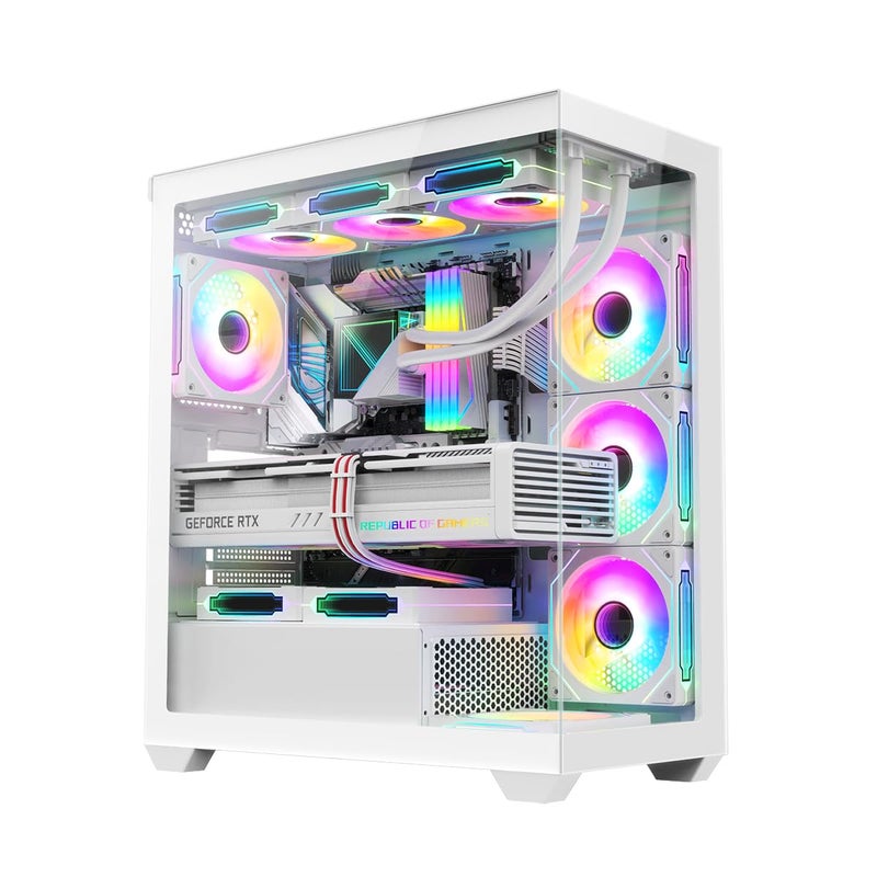 RUIX OV603 ATX Mid-Tower PC Case, Spacious High-Airflow Gaming Case with 4 x 120mm PWM ARGB Fans, USB 3.0 & Type-C Ports, Tempered Glass, Large Capacity Computer Case - White - Image 1
