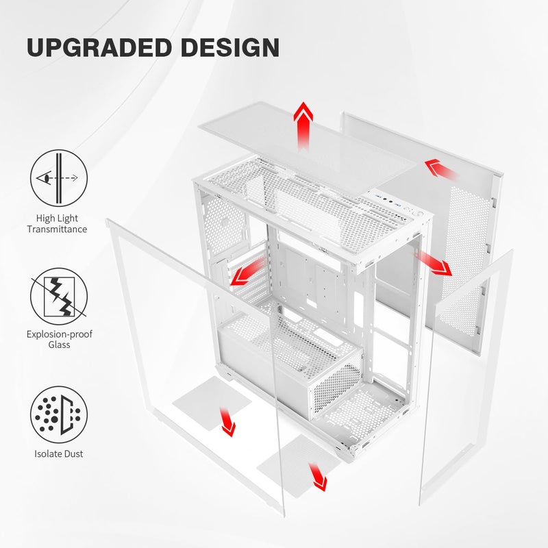 RUIX OV603 ATX Mid-Tower PC Case, Spacious High-Airflow Gaming Case with 4 x 120mm PWM ARGB Fans, USB 3.0 & Type-C Ports, Tempered Glass, Large Capacity Computer Case - White - Image 2