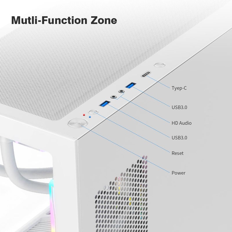 RUIX OV603 ATX Mid-Tower PC Case, Spacious High-Airflow Gaming Case with 4 x 120mm PWM ARGB Fans, USB 3.0 & Type-C Ports, Tempered Glass, Large Capacity Computer Case - White - Image 3