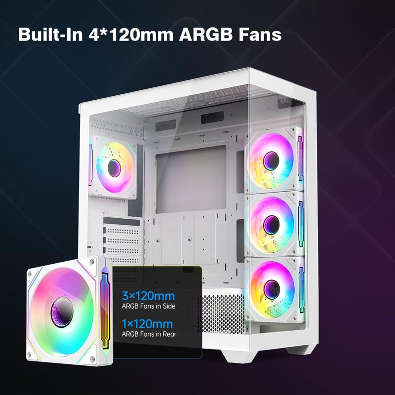 RUIX OV603 ATX Mid-Tower PC Case, Spacious High-Airflow Gaming Case with 4 x 120mm PWM ARGB Fans, USB 3.0 & Type-C Ports, Tempered Glass, Large Capacity Computer Case - White - Image 5