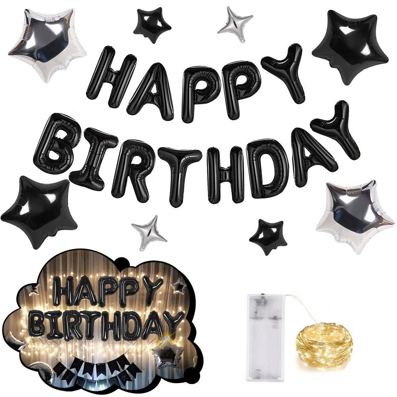 CANREVEL Happy Birthday Banner 13pcs 16 Inch Mylar Foil Letters Sign with 8pcs Star Balloons LED Lights Birthday Party Decorations for Kids and Adults 3D Black - Image 2