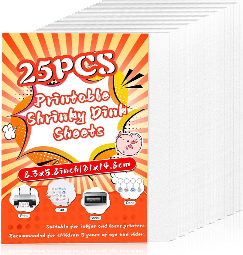 OFNMY Printable Shrinky Dink Sheets,White Printable Shrink Paper,Shrinky Dink Kits for Kids with 25 Shrink Plastic Sheets,Shrink Film Sheets for Inkjet Printer Kids DIY Crafts Mothers Day Gifts,8.3x5.8 inch - Image 1