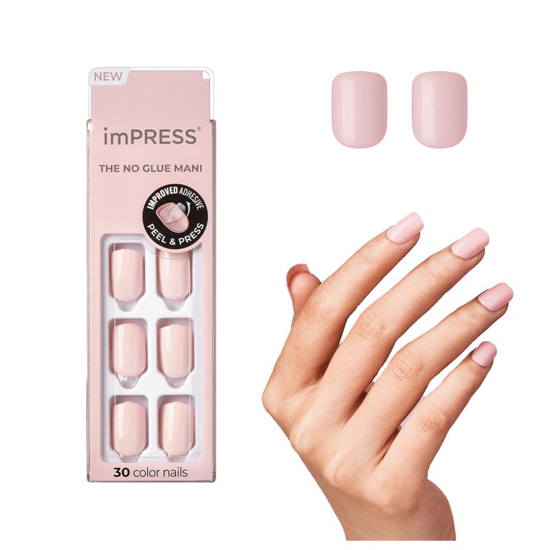 Impress KISS imPRESS No Glue Mani Press On Nails, Color, 'Pick me Pink', Pink, Short Size, Squoval Shape, Includes 30 Nails, Prep Pad, Instructions Sheet, 1 Manicure Stick, 1 Mini File - Image 1