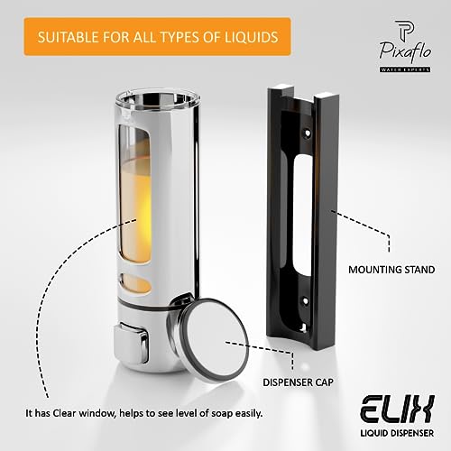 Pixaflo Plastic Elix Liquid Sanitizer Shower Gel Dish Wash Soap Dispenser For Bathroom Kitchen | 400 Ml Capacity | Wall Mounted (Chrome, Pack Of 2) - Image 4