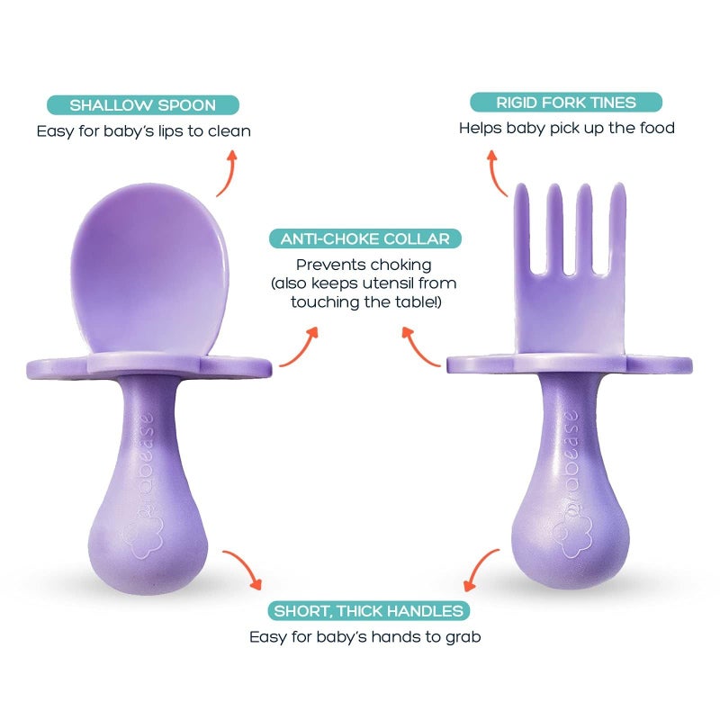 Grabease Baby Feeding Utensil Set - Ergonomic Self-Feeding & Toddler Spoon & Fork - Sturdy Plastic Training Silverware for Toddlers - Travel Pouch & Silverware for 1-Year-Olds - Lavender, Pack of 1 - Image 3