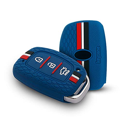 Keyzone® Striped Silicone Key Cover Compatible for i10 Grand, i20 Elite, i20 Active, Xcent, Verna 4s, Tucson, Elantra, Grand i10 Nios (3 Button Smart Key, Blue) - Image 1