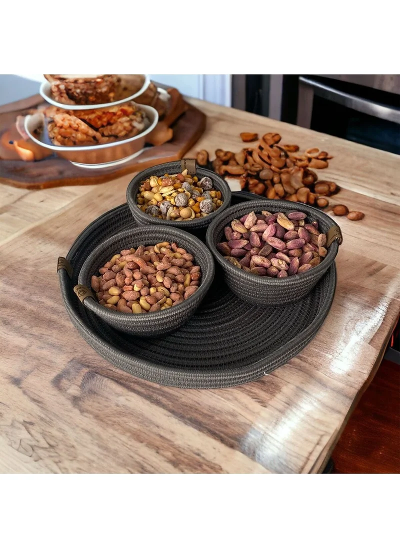 BDZ Deri Bdz Leather 3 Piece Presentation Snack Set Jute Wicker Presentation Container with Tray