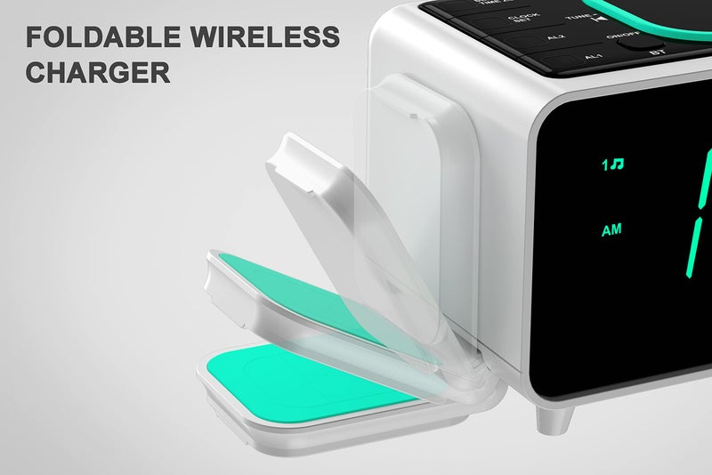 Emerson ساعة منبه إيمرسون سمارتست مزدوجة مع راديو FM وشحن لاسلكي، مكبر صوت بلوتوث، شحن فائق السرعة لآيربودز/آيفون، قاعدة قابلة للطي، شاحن USB، إضاءة LED قابلة للتعديل، ER100501 - Image 5