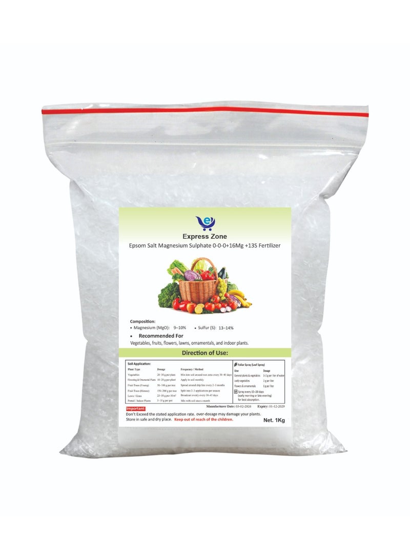 Express Zone Epsom Salt Magnesium Sulphate Fertilizer 1kg – Provides Magnesium & Sulphur for Healthy Plant Growth - Image 1