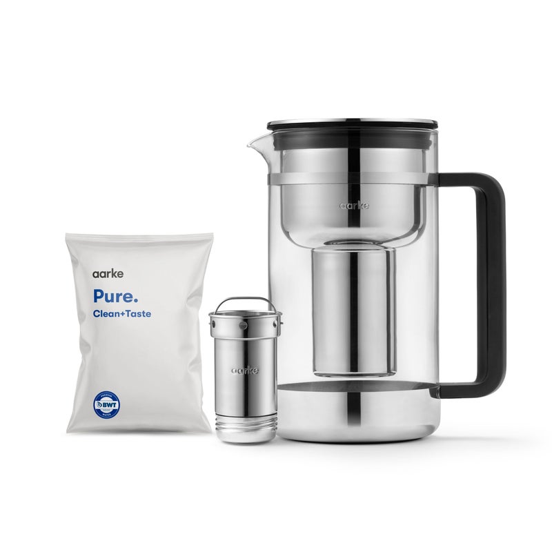 Aarke Purifier Large Water Filter Jug in Glass and Stainless Steel 28L  12 Cups Includes Aarke Pure Filter Refill Bag