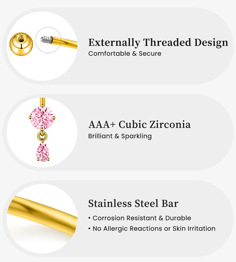 BSJ4U Belly Button Rings Gold Plated Pink CZ Belly Rings for Women Bow Flower Butterfly Teardrop Dangle Navel Belly Button Piercing Jewelry - Image 5