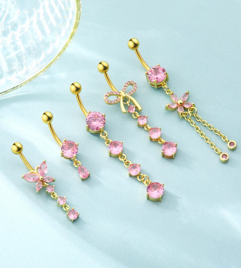 BSJ4U Belly Button Rings Gold Plated Pink CZ Belly Rings for Women Bow Flower Butterfly Teardrop Dangle Navel Belly Button Piercing Jewelry - Image 3