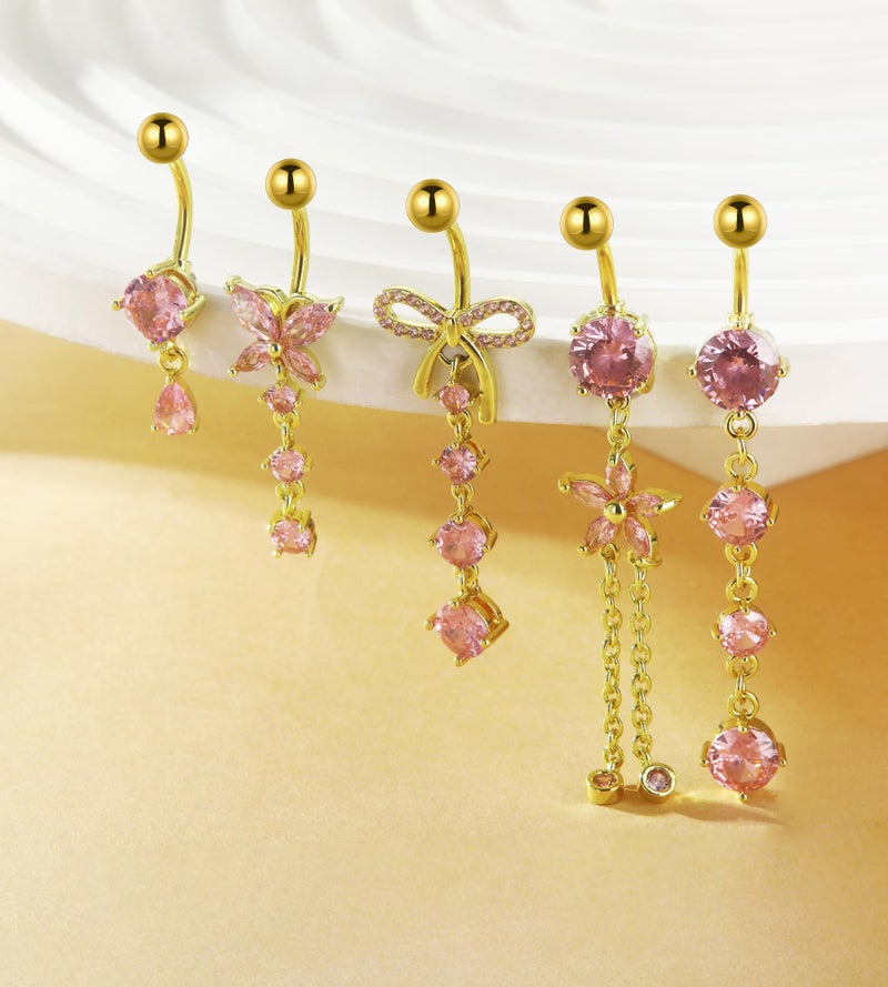 BSJ4U Belly Button Rings Gold Plated Pink CZ Belly Rings for Women Bow Flower Butterfly Teardrop Dangle Navel Belly Button Piercing Jewelry - Image 2