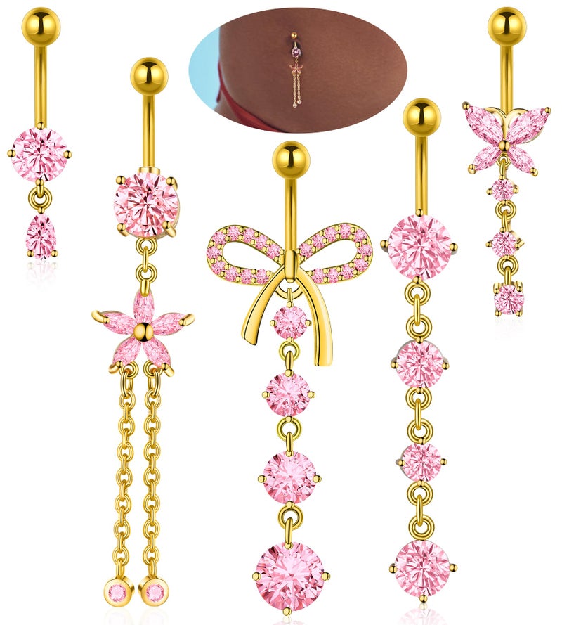 BSJ4U Belly Button Rings Gold Plated Pink CZ Belly Rings for Women Bow Flower Butterfly Teardrop Dangle Navel Belly Button Piercing Jewelry - Image 1