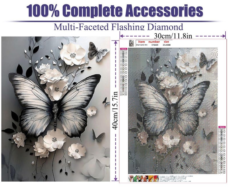 Baiwanerxiang Diamond Art Kits for Adults, Butterfly Flower 5D DIY Diamond Painting Kit for Adults, Diamond Dots for Adults, Diamond Dots Painting Picture Art Craft for Home Wall Decor, 12x16 Inch - Image 2