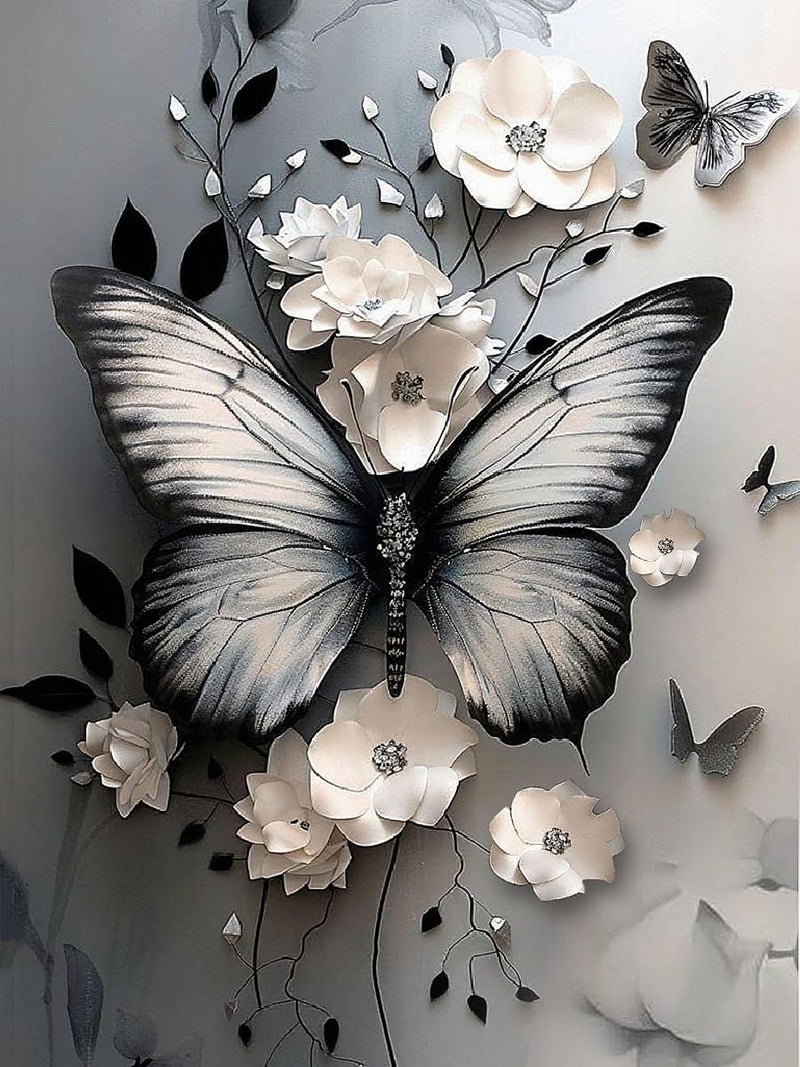 Baiwanerxiang Diamond Art Kits for Adults, Butterfly Flower 5D DIY Diamond Painting Kit for Adults, Diamond Dots for Adults, Diamond Dots Painting Picture Art Craft for Home Wall Decor, 12x16 Inch - Image 1