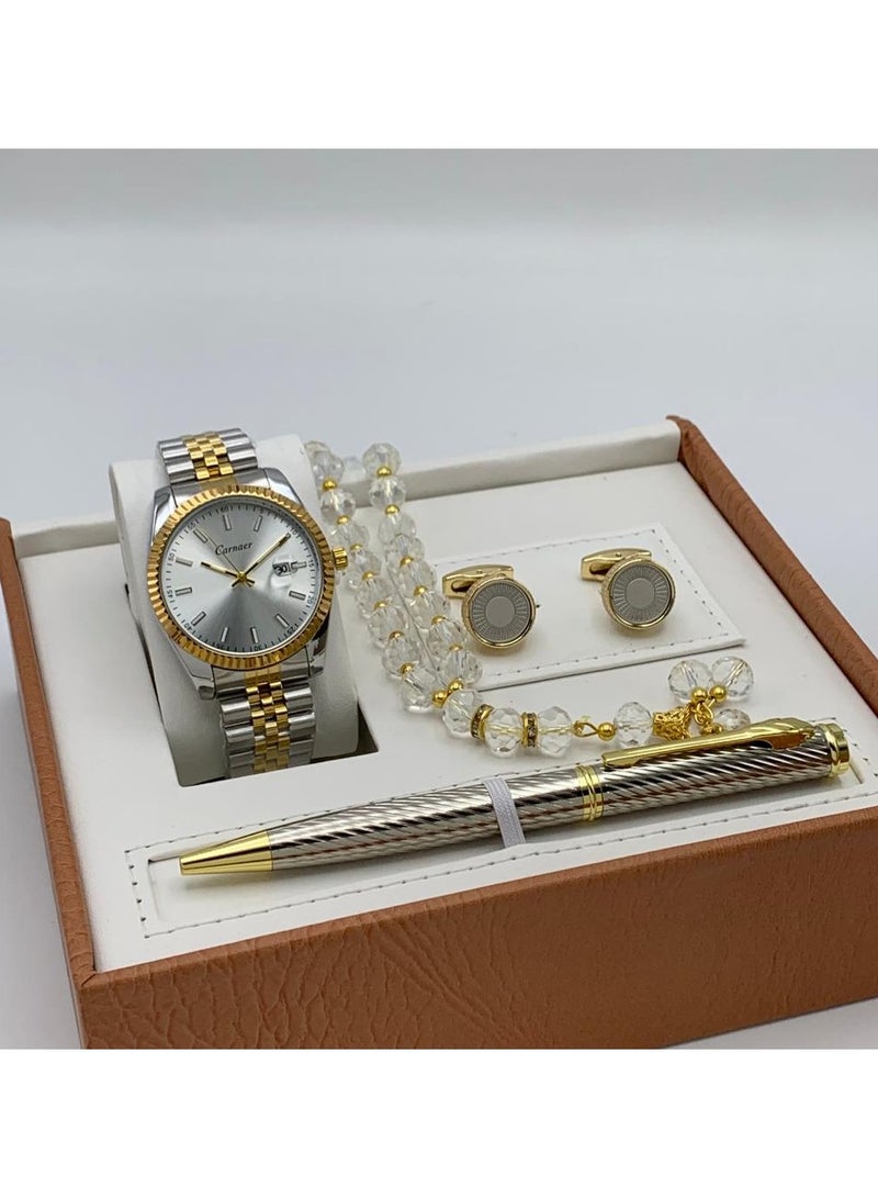 Men's set from Carnaer, consisting of four pieces: a watch, a pen, cufflinks, and a rosary.