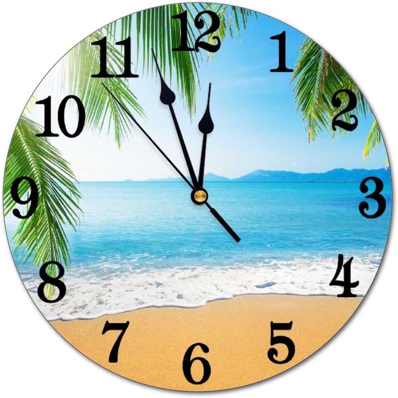 Abucaky Tropical Beach with Palm Trees Wall Clock Battery Operated Silent Round Clock Wall Decor for Home Office School, 12 Inch - Image 1