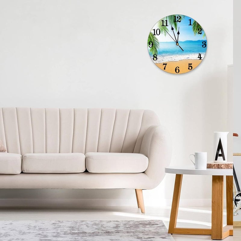 Abucaky Tropical Beach with Palm Trees Wall Clock Battery Operated Silent Round Clock Wall Decor for Home Office School, 12 Inch - Image 2