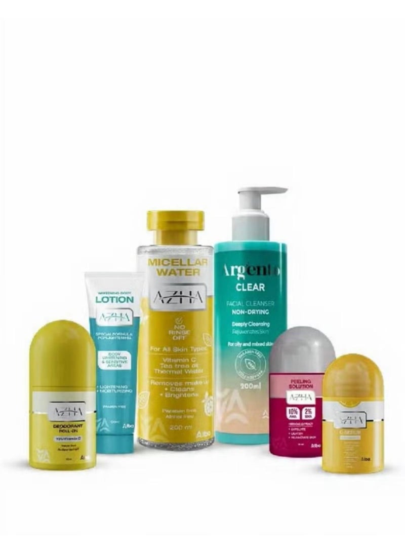 لوشن للجسم  100 مل + رول أون بالعود 60 مل + سيروم فيتامين سي  30 مل + محلول تقشير  30 مل + ماء ميسيلار  200 مل +  غسول  200 مل