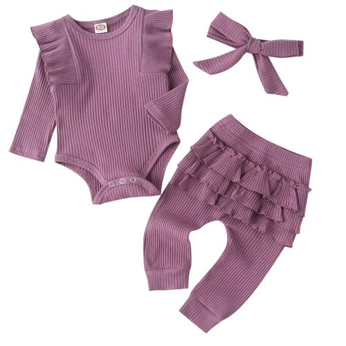 Fullfamous Infant Baby Girl Clothes Outfits,Fall Winter Onesie and Pant Set 12-18 months Purple - Image 1