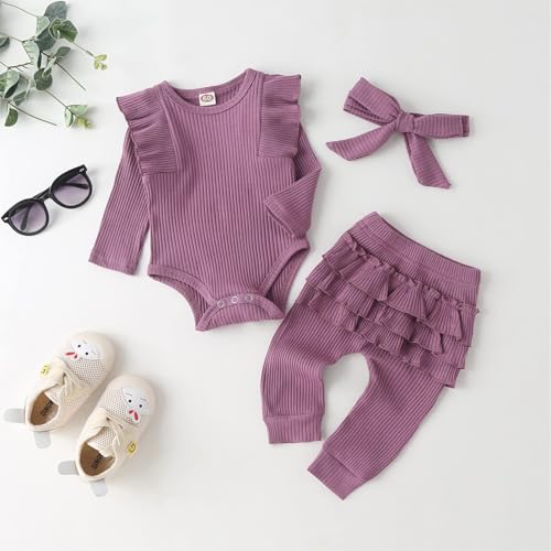 Fullfamous Infant Baby Girl Clothes Outfits,Fall Winter Onesie and Pant Set 12-18 months Purple - Image 2