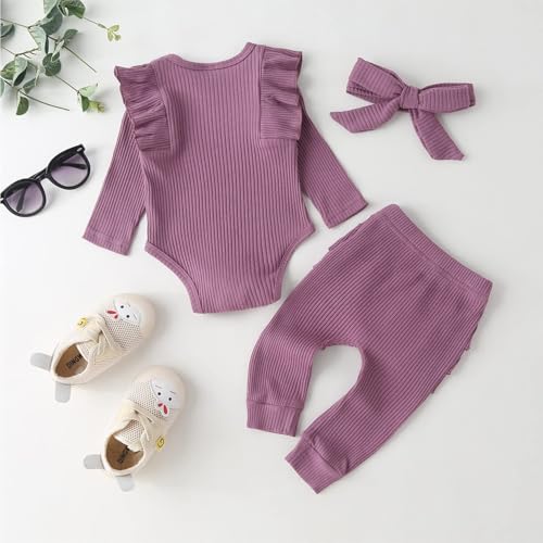 Fullfamous Infant Baby Girl Clothes Outfits,Fall Winter Onesie and Pant Set 12-18 months Purple - Image 3