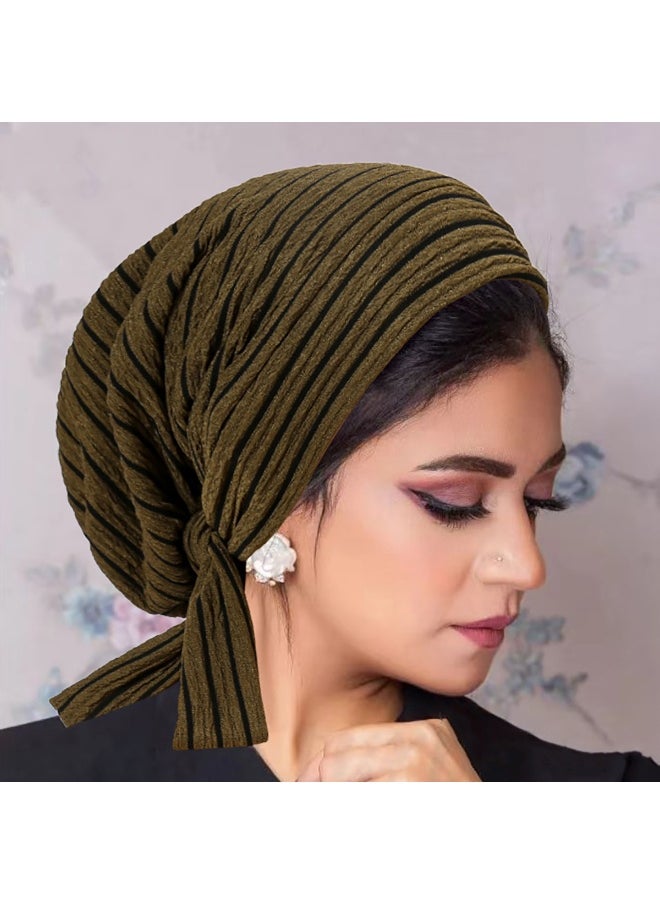 Laravel Striped Muslim long-tail elegant fashion Muslim Elastic turban hat chemotherapy hat Islamic Arab Hijab Undercap Elastic Headscarf Hat Ramadan Gift Holiday Gift Box - Green Striped  - Image 1
