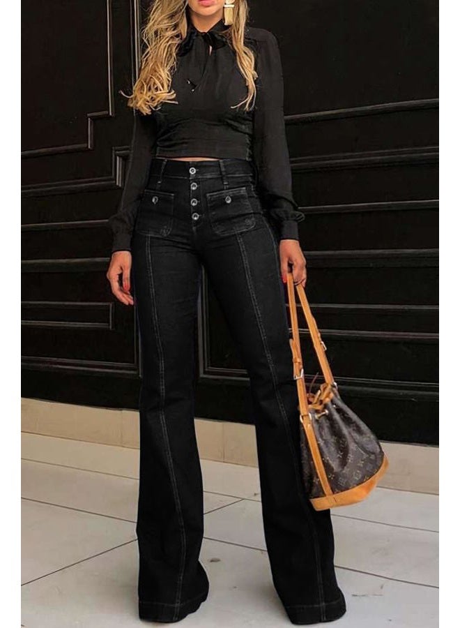 yoeasy Women's Bell Bottom Jeans High Waist Vintage Stretch Bootcut Jeans with Pocket Black -, Medium - Image 3