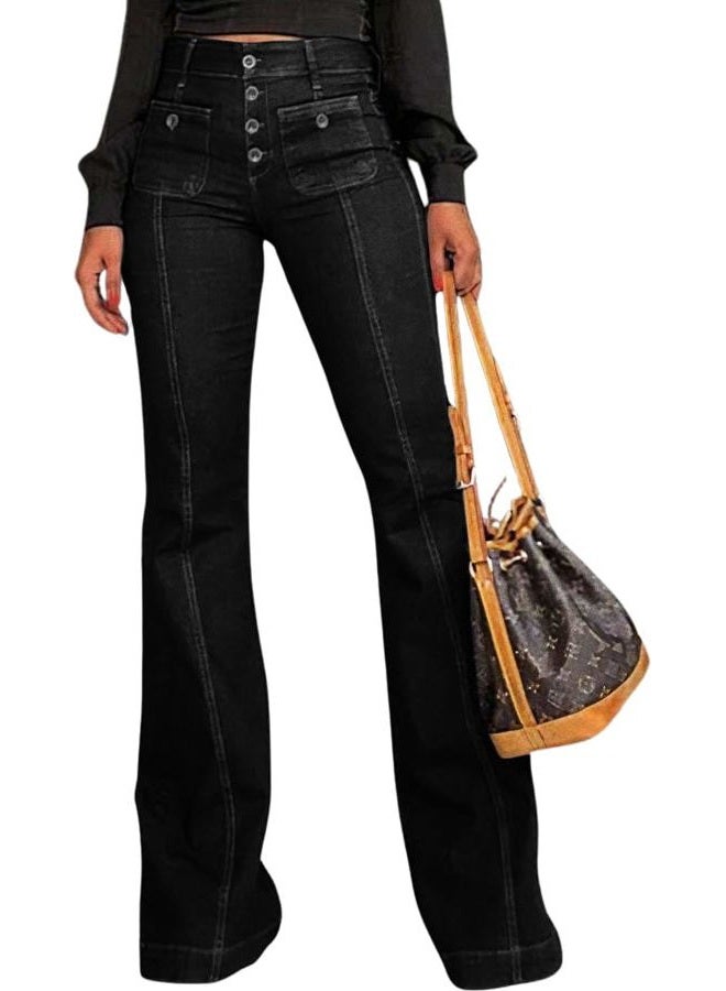 yoeasy Women's Bell Bottom Jeans High Waist Vintage Stretch Bootcut Jeans with Pocket Black -, Medium - Image 1