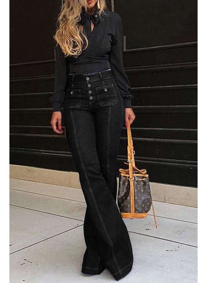 yoeasy Women's Bell Bottom Jeans High Waist Vintage Stretch Bootcut Jeans with Pocket Black -, Medium - Image 2