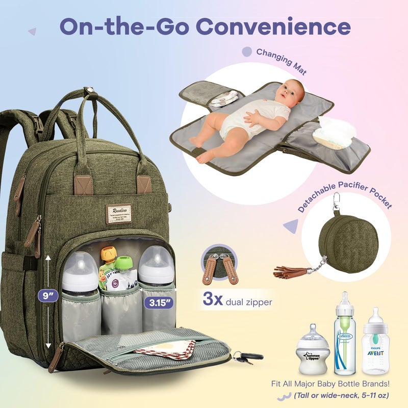 RUVALINO Diaper Bag Backpack, Multifunction Travel Pack Maternity Baby Changing Bags, Large Capacity, Waterproof, Olive Green - Image 4