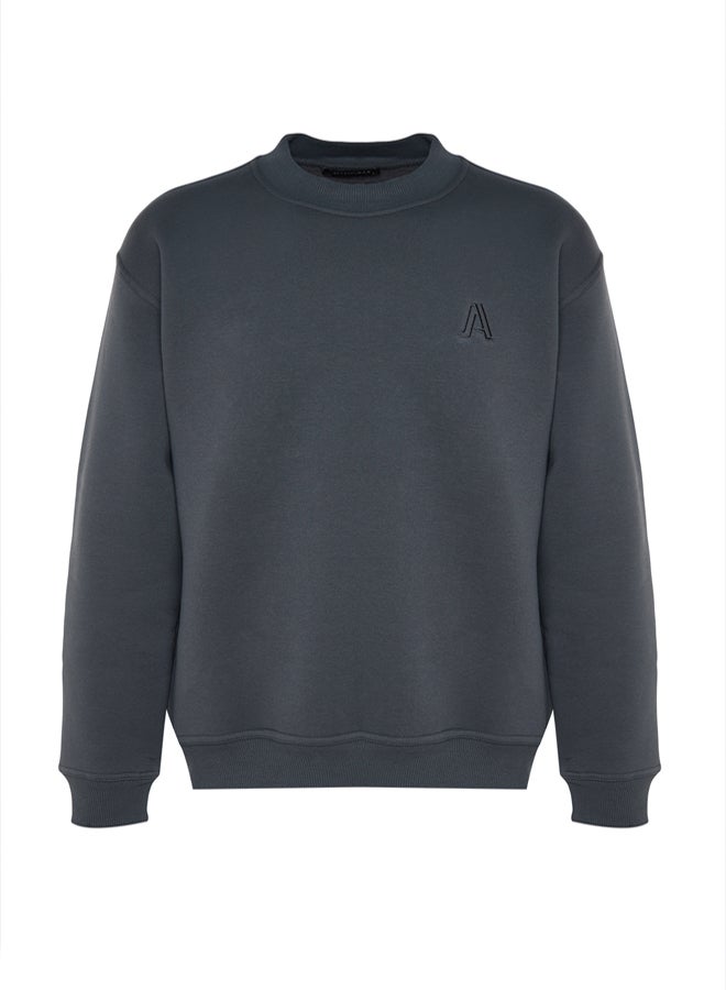 trendyol Anthracite Oversize/Wide Cut Half Turtleneck Letter Embroidered Sweatshirt with Polar Fleece Inside TMNAW24SW00046 - Image 5