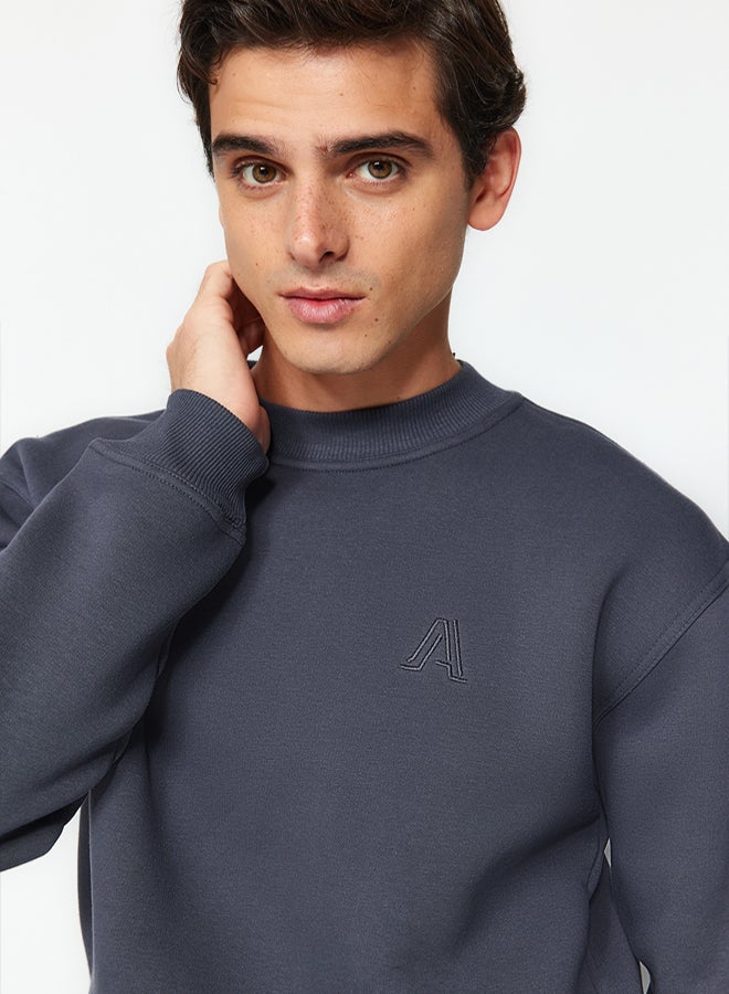 trendyol Anthracite Oversize/Wide Cut Half Turtleneck Letter Embroidered Sweatshirt with Polar Fleece Inside TMNAW24SW00046 - Image 3