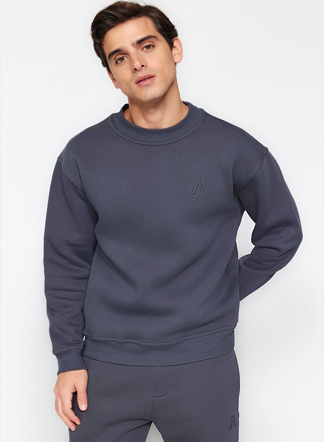 trendyol Anthracite Oversize/Wide Cut Half Turtleneck Letter Embroidered Sweatshirt with Polar Fleece Inside TMNAW24SW00046 - Image 2