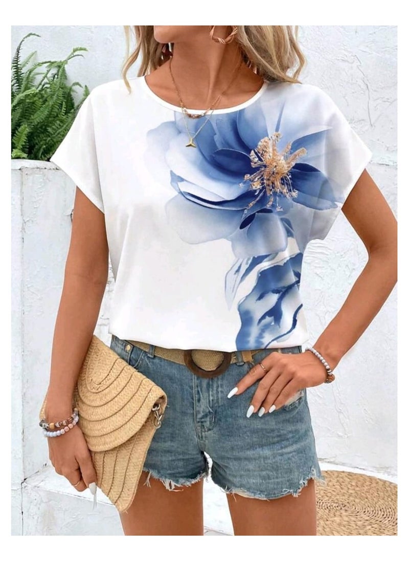Shein Retro Watercolor Floral Print Casual Simple Round Neck Blouse For Women, SummerSHEIN  - Image 2