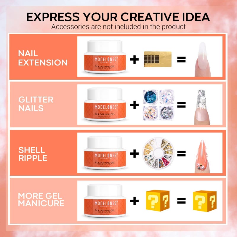 modelones مجموعة جل بناء الأظافر من موديلونز - مجموعة تمديد شفافة جل صلب للأظافر 2 أونصة لتقوية الأظافر الأكريليكية مجموعة فن الأظافر مع 100 قطعة أشكال مزدوجة وفرشاة أكريليك مزدوجة الاستخدام احترافية افعلها بنفسك في المنزل - Image 3
