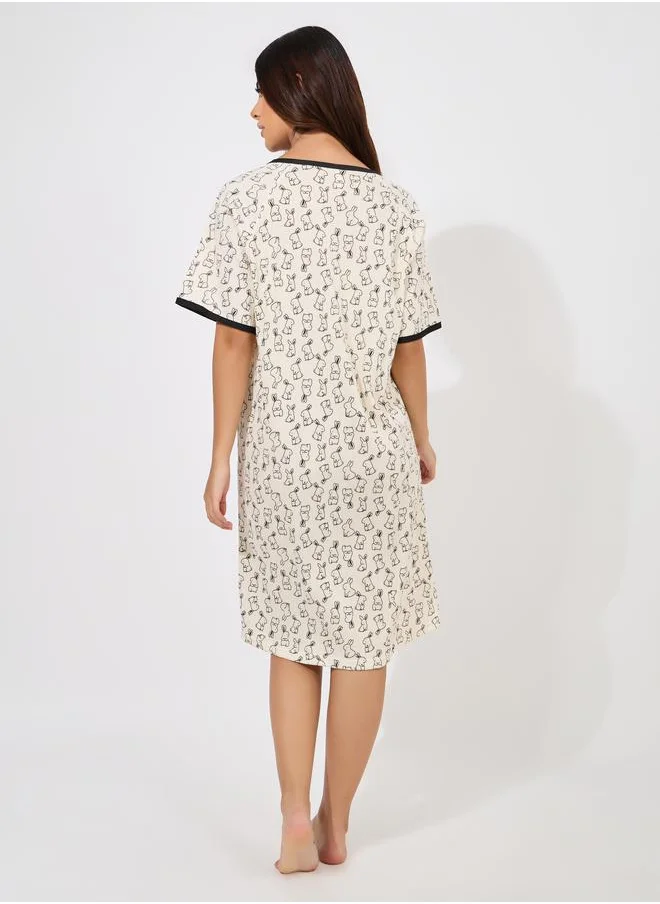 تايك تو Bunny Print Contrast Trim Nightdress