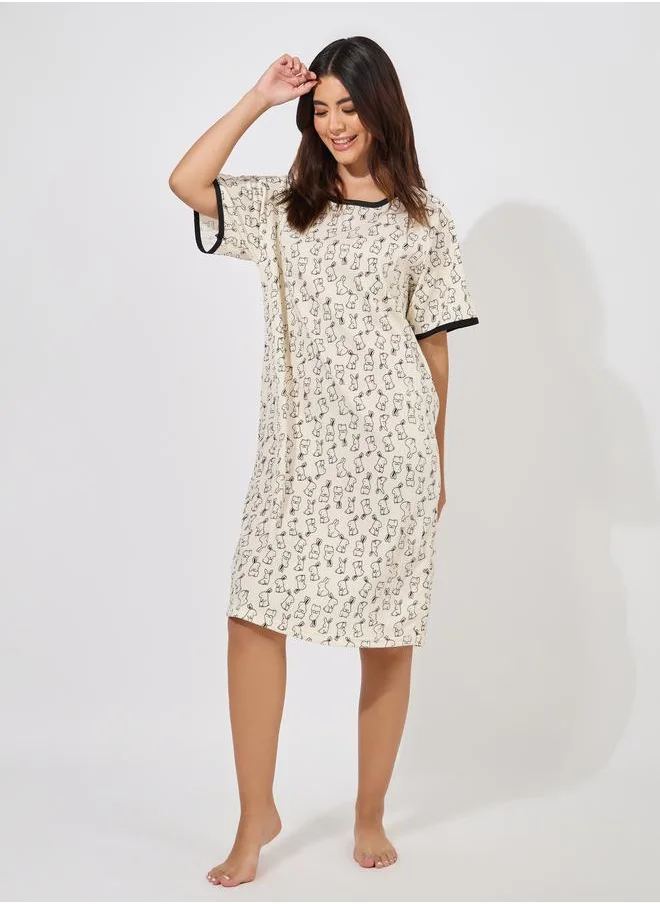 ستايلي Bunny Print Contrast Trim Nightdress