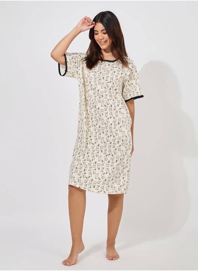 Take Two Bunny Print Contrast Trim Nightdress  - Image 1