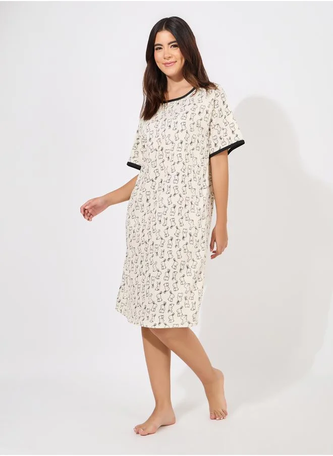 ستايلي Bunny Print Contrast Trim Nightdress